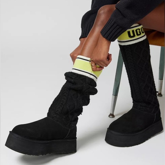 UGG Cable Sweater Letter Platform Shearling Lined Suede Boot Womens 8.5 9 40 - Picture 5 of 17